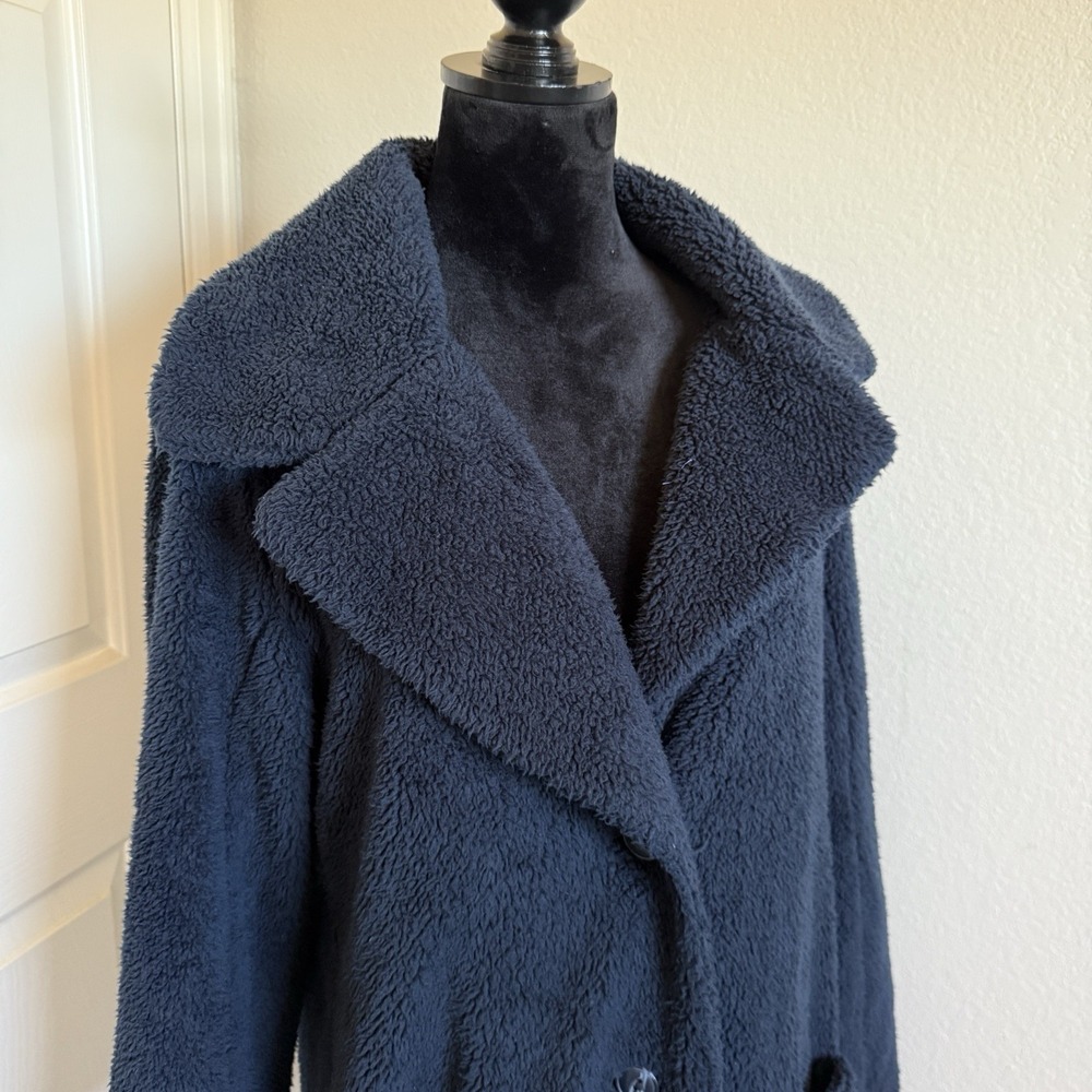 Beyond Yoga Navy Blue‎ Sherpa Long Pea Coat Women's Large Cozy Teddy Fleece